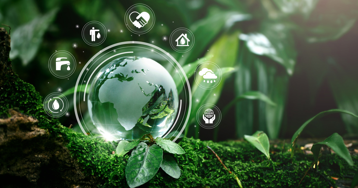 Globe Glass with save water icons In Green Forest With Sunlight. environment day and water day.clean renewable energy, Environmental protection concept of protecting the earth's water resources